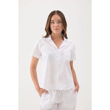 Cottons &amp; Clouds Düğmeli Loose Fit Kısa Kollu Kadın Pamuk Saten Pijama Üstü CC9811 Beyaz