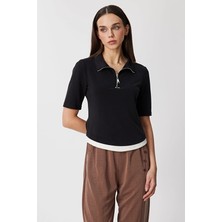 Onfashion Regular Fit Fermuarlı Yaka Kısa Kollu Dokuma Kadın Bluz 76305 Siyah