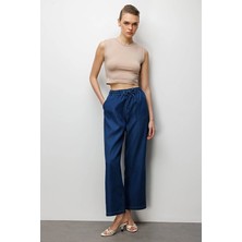 Ekol Regular Fit Bol Paça Bağcıklı Lastikli Dokuma Kadın Pantolon 04090 Indıgo