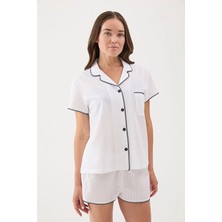 Cottons &amp; Clouds Loose Fit Kısa Kollu Kadın Çoban Dikiş Pijama Üstü CC9581 Beyaz