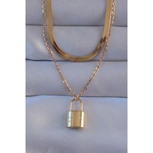 Valeo 316L Çelik Gold Renk Çift Zincir Kilit Model Kolye 5886 - 1886-8331