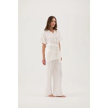 Cottons &amp; Clouds Beli Lastikli Düğmeli Bol Paça Oversize Kadın Önden Bol Kesim Pijama Takımı CC5783 Ekru