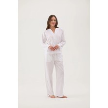Cottons &amp; Clouds Beli Lastikli Düz Paça Loose Fit Kadın Refli Pijama Altı CC9222 Beyaz