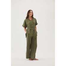 Cottons &amp; Clouds Beli Lastikli Düğmeli Bol Paça Oversize Kadın Bol Kesim Pijama Takımı CC5782 Haki