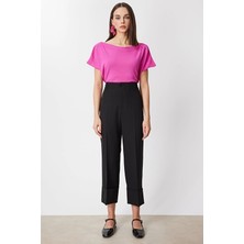 Onfashion Regular Fit Bol Paça Yüksek Bel Dokuma Kadın Pantolon 74126 Siyah