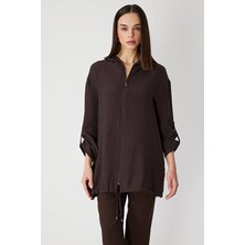 Onfashion Regular Fit Polyester Kapüşonlu Kapüşonlu Uzun Kollu Kadın Mont 72701 Kahve