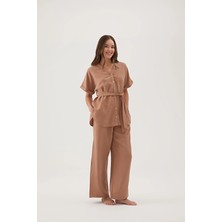 Cottons &amp; Clouds Beli Lastikli Düğmeli Bol Paça Oversize Kadın Önden Bol Kesim Pijama Takımı CC5875 Somon