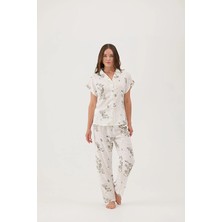 Cottons &amp; Clouds Loose Fit Kısa Kollu Kadın Floral Desenli Viskon Pijama Takımı CC7314 Ekru