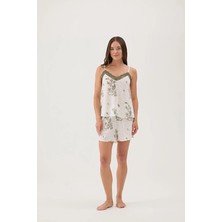 Cottons &amp; Clouds Loose Fit Ip Askılı Kadın Floral Desenli Viskon Şort Takımı CC7317 Ekru