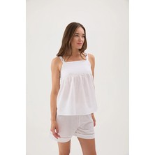 Cottons &amp; Clouds Loose Fit Ip Askılı Kadın Refli Pijama Üstü CC9224 Beyaz