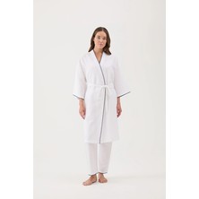 Cottons &amp; Clouds Uzun Kollu Loose Fit Kadın Kuşaklı Çoban Dikiş Sabahlık CC9584 Beyaz