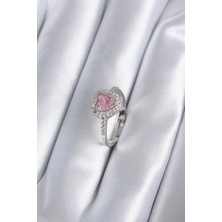 Valeo Pirinç Gümüş Renk Pembe Zirkon Taş Kalp Charm Model Kadın Yüzük 5886 - 6107-1458