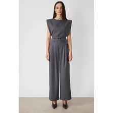 Onfashion Regular Fit Kemerli Bol Paça Yüksek Bel Dokuma Kadın Pantolon 70305 Gri