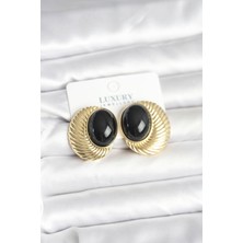 Valeo Pirinç Gold Renk Siyah Boncuklu Oval Vintage Kadın Küpe 5886 - 2148-5886