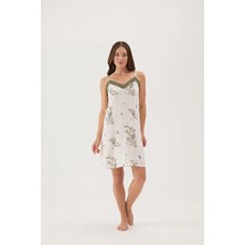 Cottons &amp; Clouds Loose Fit Ip Askılı Kadın Floral Desenli Viskon Gecelik CC7316 Ekru