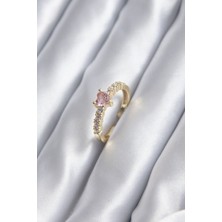 Valeo Gold Renk Zirkon Taşlı Pembe Kristal Kalp Model Kadın Yüzük 5886 - 9685-4678