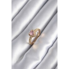 Valeo Pirinç Gold Renk Pembe Zirkon Taş Kalp Charm Model Kadın Yüzük 5886 - 8014-4896