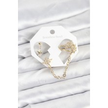 Valeo Kutup Yıldızı Model Pirinç Gold Renk Zincir Bağlantılı Ear Cuff Küpe Seti 58 - 8619-8112