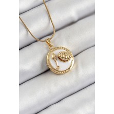 Valeo 316L Çelik Zincir Beyaz Mineli Sanatsal Portre Istiridye Model Gold Renk Kadın Ko - 7051-8144