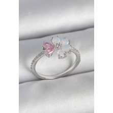 Valeo Pirinç Gümüş Renk Beyaz Mineli Pembe Zirkon Taşlı Çiçek Model Kadın Yüzük - 4287-2777