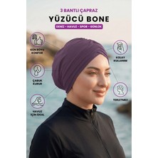 Loggia Üç Bantlı Çapraz Deniz Havuz Yüzücü Spor Bonesi - Hazır Türban Tesettür Mayo Dış Bone Lila
