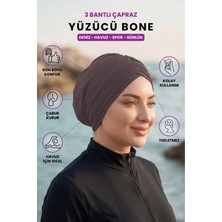 Loggia Üç Bantlı Çapraz Deniz Havuz Yüzücü Spor Bonesi - Hazır Türban Tesettür Mayo Dış Bone Soluk Kahve
