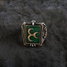 Gezer Kuyumculuk Yeşil Üç Hilal Motifli Erkek Yüzük, Dikdörtgen Kesim Gümüş Yüzük, 925 Ayar Gümüş
