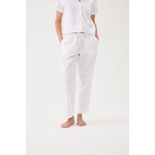 Cottons &amp; Clouds Beli Lastikli Düz Paça Loose Fit Kadın Pamuk Saten Pijama Altı CC9812 Beyaz