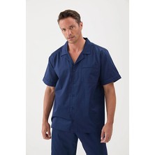 Cottons &amp; Clouds Düğmeli Loose Fit Kısa Kollu Erkek Pamuk Saten Pijama Üstü CC9817 Lacivert