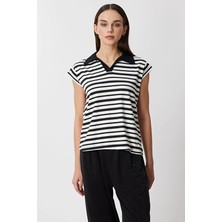 Onfashion Polo Yaka Regular Fit Kısa Kollu Dokuma Kadın Bluz 71341 Siyah