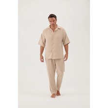 Cottons &amp; Clouds Beli Lastikli Düğmeli Düz Paça Loose Fit Kısa Kollu Erkek Pijama Takımı CC6993 Bej