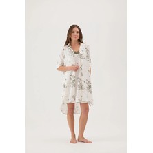 Cottons &amp; Clouds Uzun Kollu Loose Fit Kadın Floral Desenli Viskon Gecelik CC7315 Ekru
