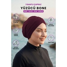 Loggia Üç Bantlı Çapraz Deniz Havuz Yüzücü Spor Bonesi - Hazır Türban Tesettür Mayo Dış Bone Bordo