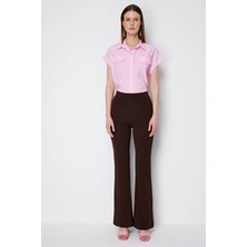 Onfashion Ispanyol Paça Lastikli Dokuma Kadın Pantolon 74165 Kahverengi