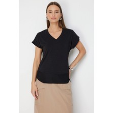 Onfashion V Yaka Kısa Kollu Dokuma Kadın Bluz 71475 Siyah