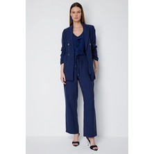 Ekol Regular Fit Bol Paça Lastikli Dokuma Kadın Pantolon 01204 Lacivert