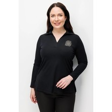 Onfashion Polo Yaka Uzun Kollu Dokuma Kadın Bluz 71372 Siyah