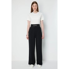 Onfashion Bol Paça Bağcıklı Lastikli Dokuma Kadın Pantolon 76102 Siyah