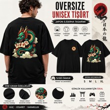 Tişört Kodu Japon Ejderha Baskılı Oversize Siyah Unisex Tişört