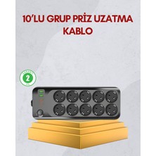 Hsc Bilişim 10 Prizli Uzatma Kablosu Termal Koruma USB Type-C Hızlı Şarj 2500W
