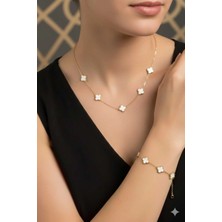 Alluring Illys Gold Cleef Model Çelik Dört Yapraklı Yonca Kolye & Bileklik Seti