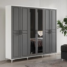 Macera Mobilya Sport 6 Kapaklı Aynalı Komple Mdf Antrasit-Beyaz Gardırop