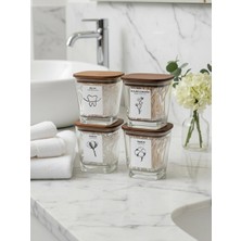 Amandus Puvo - 4'lü Bambu Ahşap Kapaklı Etiketli Banyo Düzenleyici Cam Banyo Seti Banyo Organizer