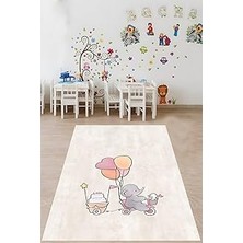Mey İthalat Pelangi Pasta Taşıyan Balonlu Sevimli Fil Yıkanabilir Kaymaz Taban Leke Tutmaz Çocuk Odası Halısı, Gri-Beyaz 80 x 600