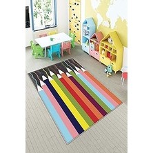 Mey İthalat Pelangi Çok Renkli Kalem Desenli Yıkanabilir Kaymaz Taban Leke Tutmazbebek ve Çocuk Odası Halısı, Çok Renkli 160 x 350, 901357144160350