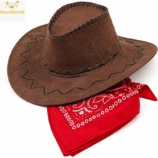 Çocuk Kovboy Şapka Kahverengi & Kırmızı Bandana Seti