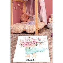 Mey İthalat Pelangi Çiçek Buketi Taşıyan Sevimli Kız Yıkanabilir Kaymaz Taban Leke Tutmaz Çocuk Odası Halısık, Pembe-Beyaz-Mavi 180 x 280, 76420141802801