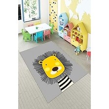 Mey İthalat Pelangi Gri Aslan Desenli Yıkanabilir Kaymaz Taban Leke Tutmazbebek ve Çocuk Odası Halısı, Gri-Sarı 160 x 230