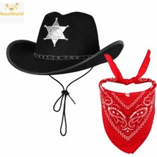 Çocuk Kovboy Şapka Rozetli Siyah & Kırmızı Bandana Seti