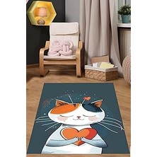 Mey İthalat Pelangi Love Temalı Sevimli Kedicik Yıkanabilir Kaymaz Taban Leke Tutmaz Çocuk Odası Halısı, Lacivert-Turuncu 120 x 160
